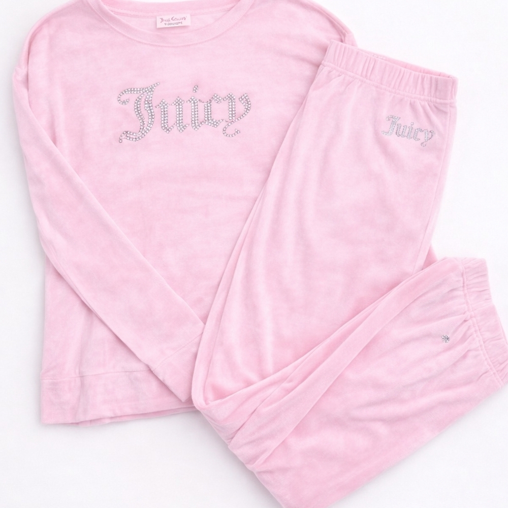 Juicy Couture Tracksuit - Pink Velour Rhinestone Logo Loungewear Set (L + XL) - Picture 5 of 6